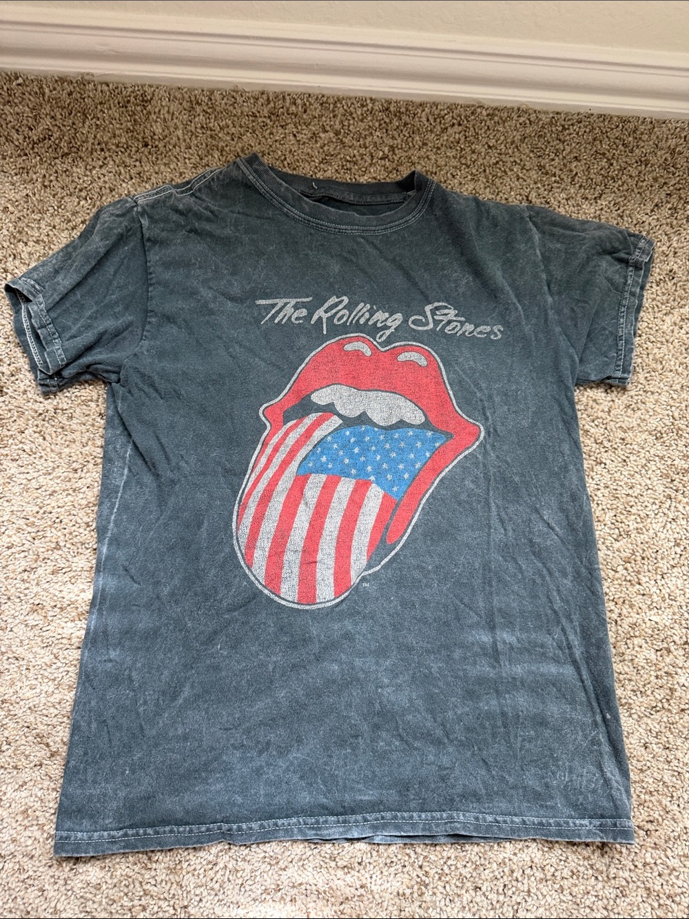 The Rolling Stones Black Tee with Red & Blue Tongue Logo